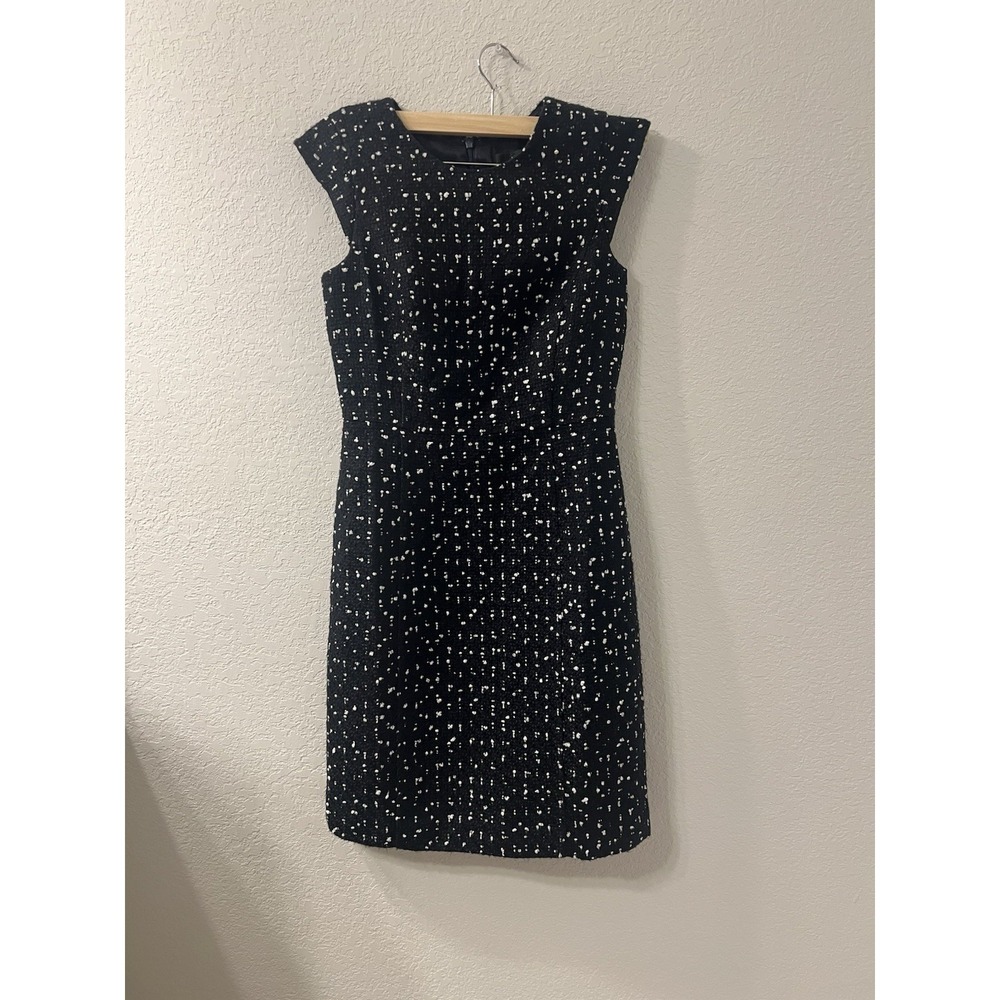 J.Crew 365 Dress Womens 0‎ Black Polka Dot Tweed Sheath Knee Length Lined